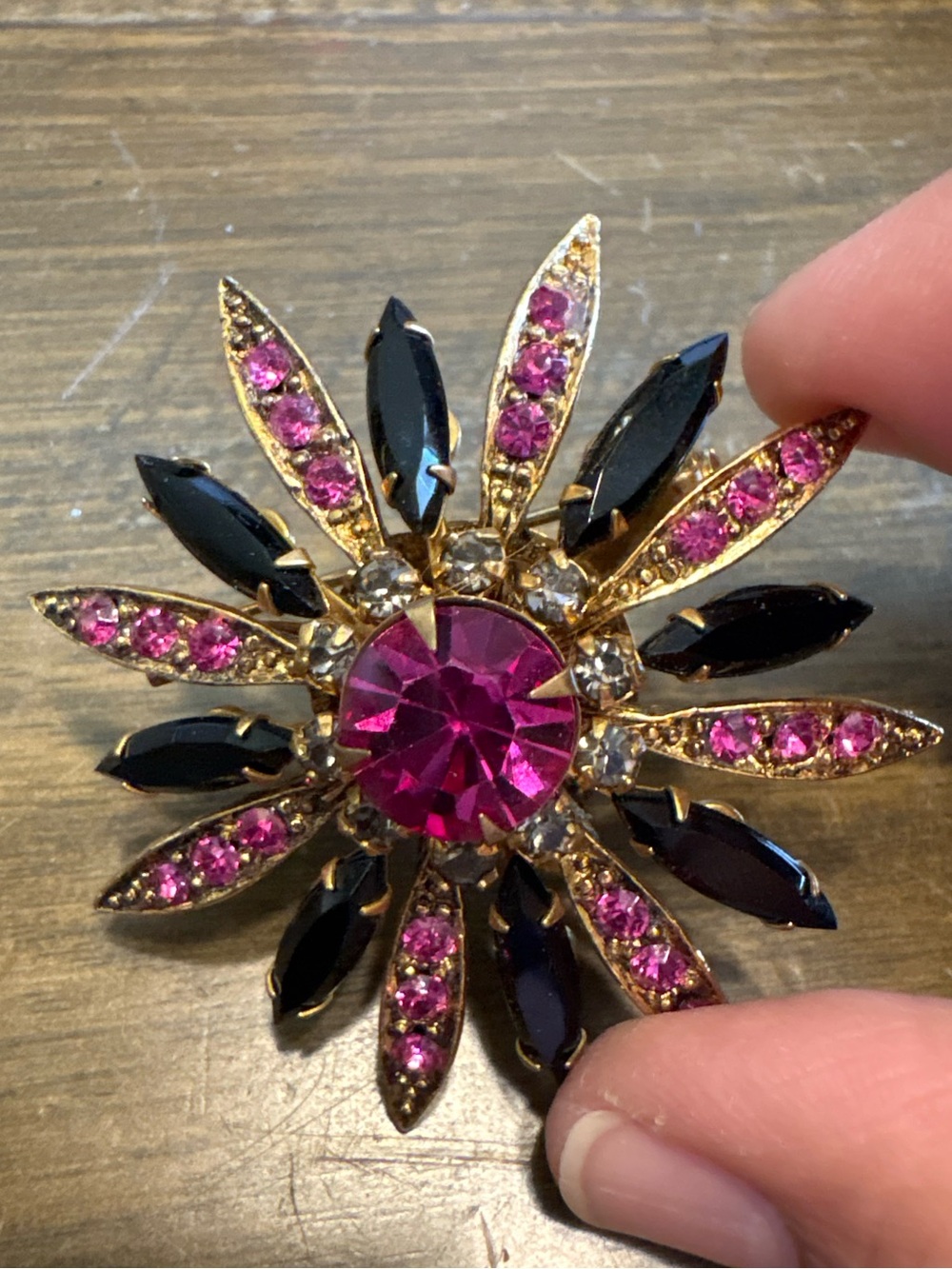 Vintage Rhinestone Crystal Floral Brooch Black Pink Fushia Flower Starburst